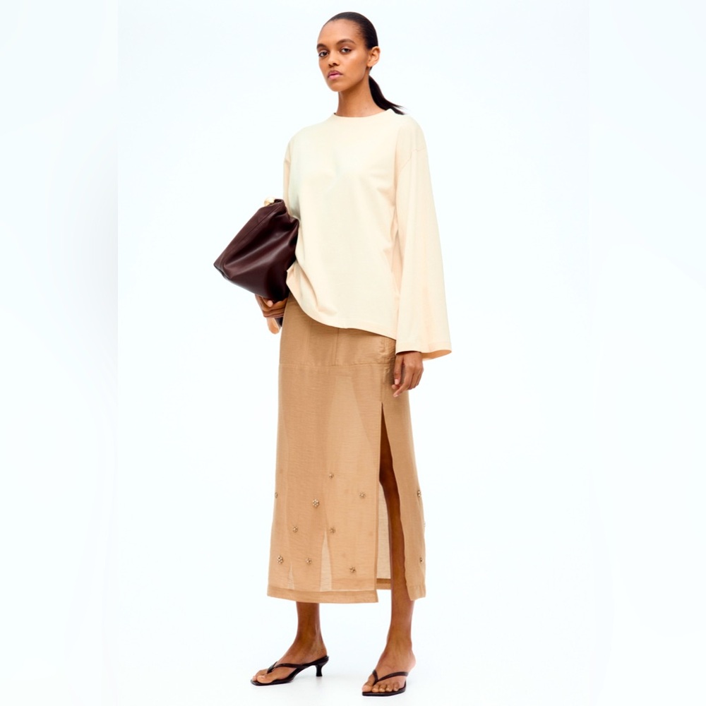 H&M sheer embellished dark beige maxi midi skirt SIZE 8 NWT - Picture 1 of 4
